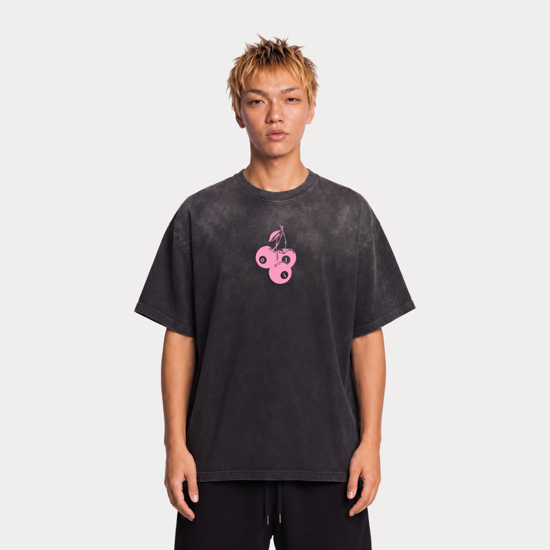 "SPIKED CHERRIES" Black Faded Tee